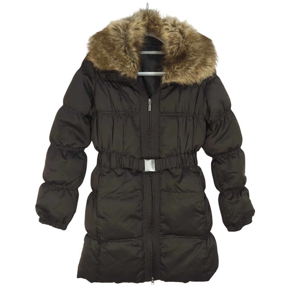 Nine West Down Feather Puffer Coat Medium Faux Fur Trim Belted Brown Mid Length